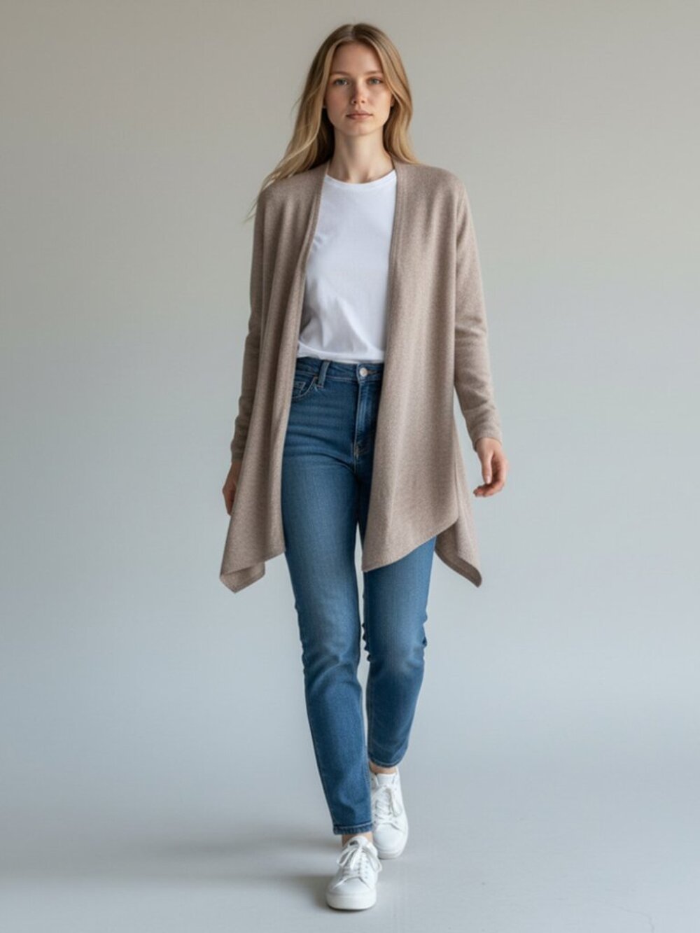 Minnie Rose 100% Cashmere Open Long line Cardigan Deep Beige Taupe Color S